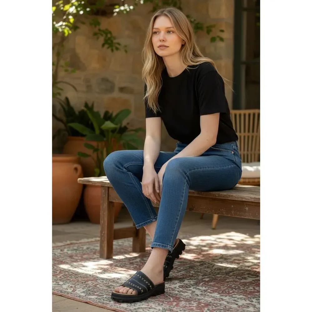 MIA Y2K Chunky Platform Sandals Black Leather Womens 7 Lug Sole Retro Slides